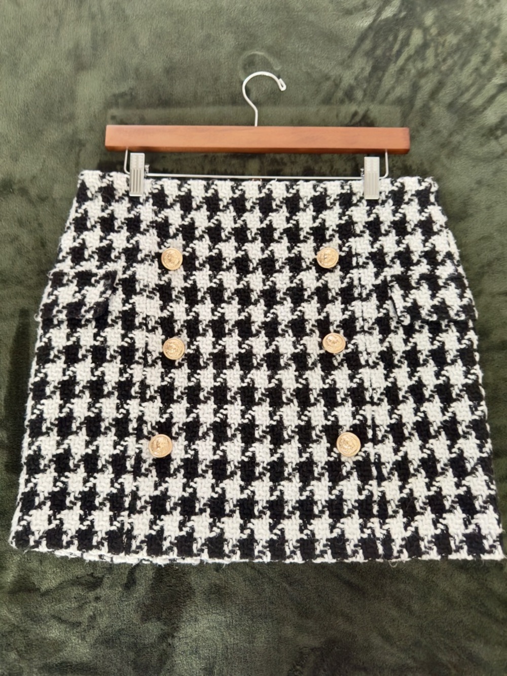 Houndstooth Tweed Mini Skirt with Gold Buttons - Black & White